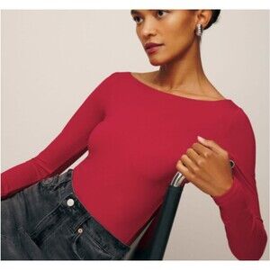 Reformation Wiley Top Lipstick Red Knit Stretch Long Sleeve Wide Neck NWT - XL